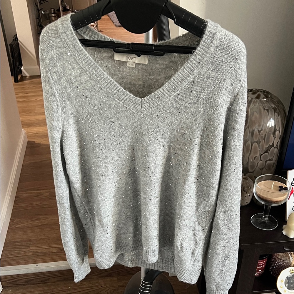 LOFT Women's Shimmering Gray V-Neck Sweater